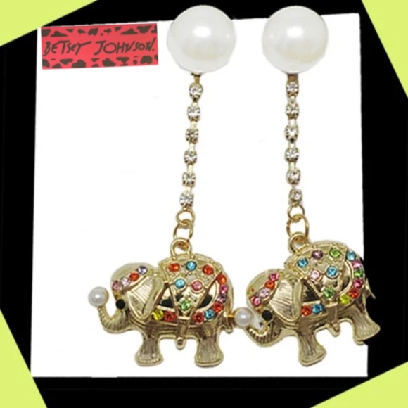 Betsey Johnson Faux Pearl Multicolor Crystal Chain Dangling Elephant Earrings - Picture 3 of 7